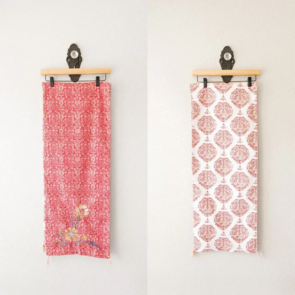 72x14 Reversible Cotton Table Runner Damask Floral Embroidered Tassels Cottageco